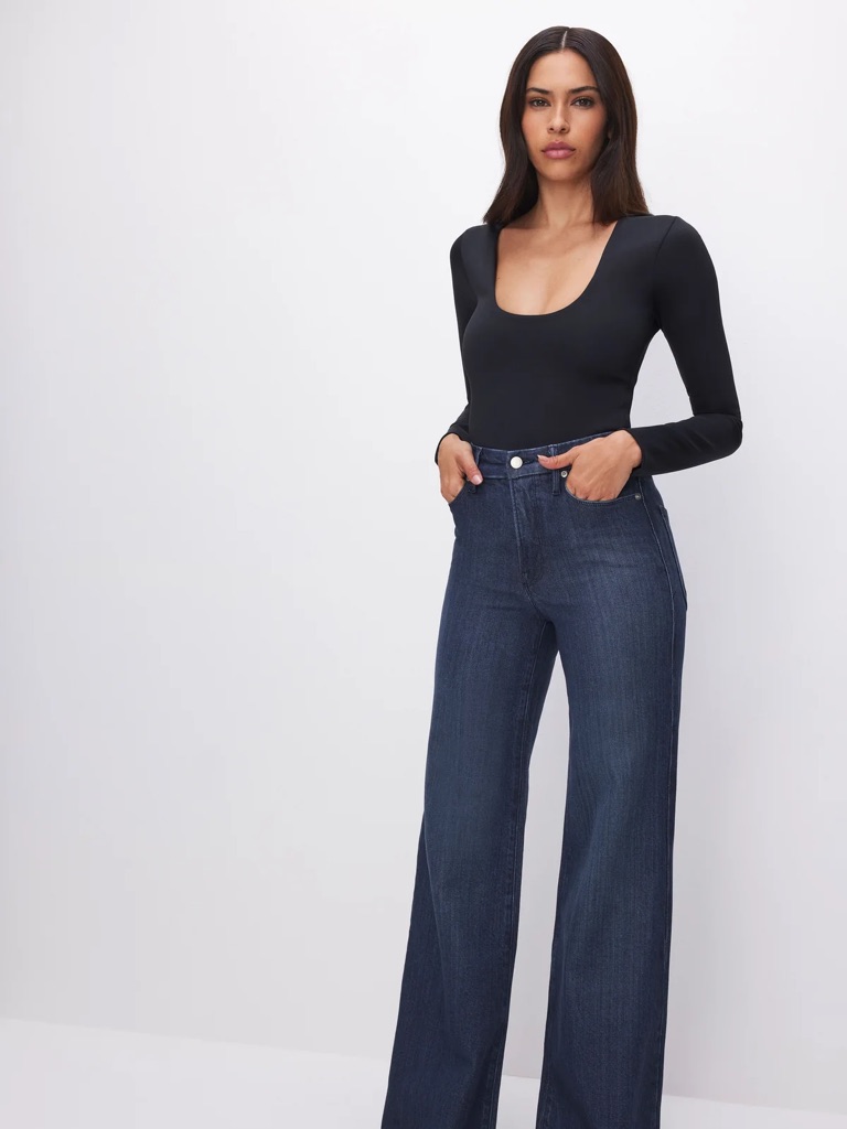 Good American Black Long Sleeve Scoop Neck Bodysuit